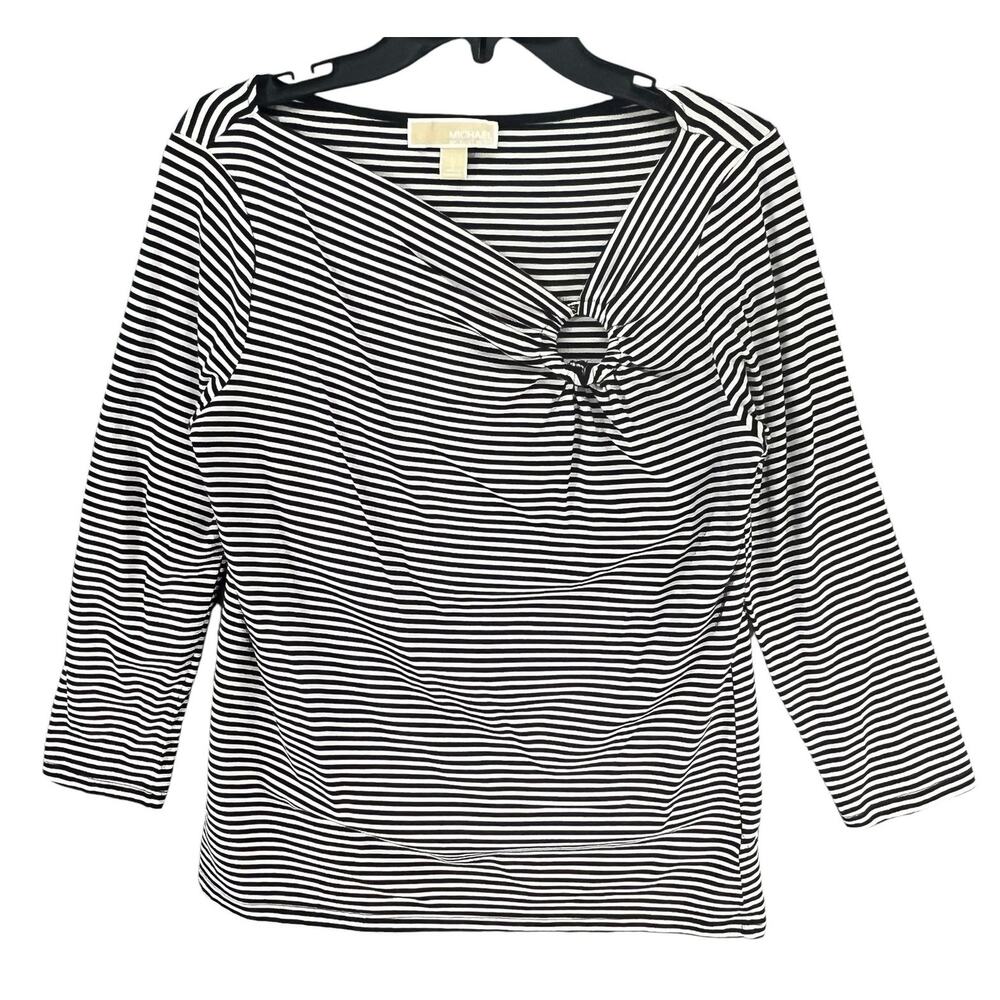 Michael Kors Shirt Womens Large Black‎ White Stripe Ring Detail 3/4 Sleeve Top
